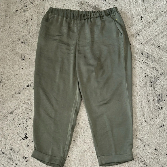 Vince Camuto Olive Green Rumple stretch waist pant cuffed hem & pockets. Large - Picture 3 of 5